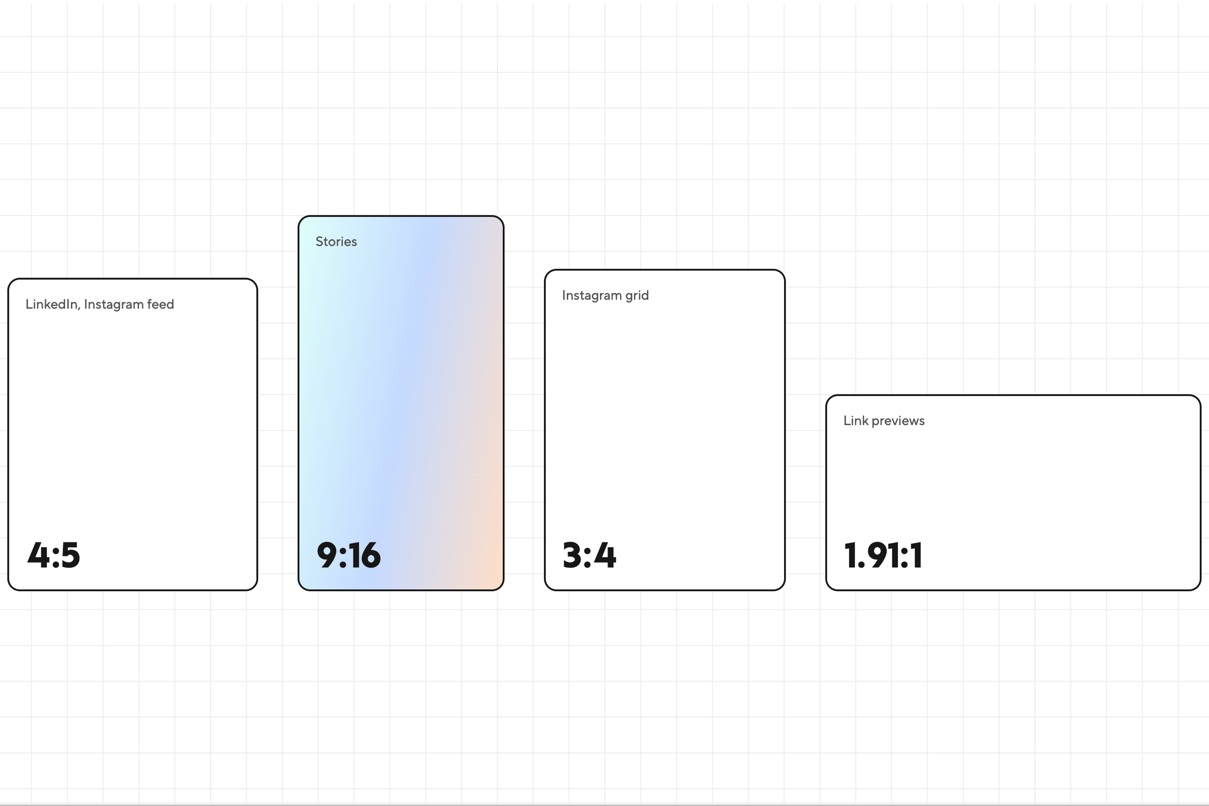 Outlines of the main social image formats: 4:5, 9:16, 3:4 and 1.91:1