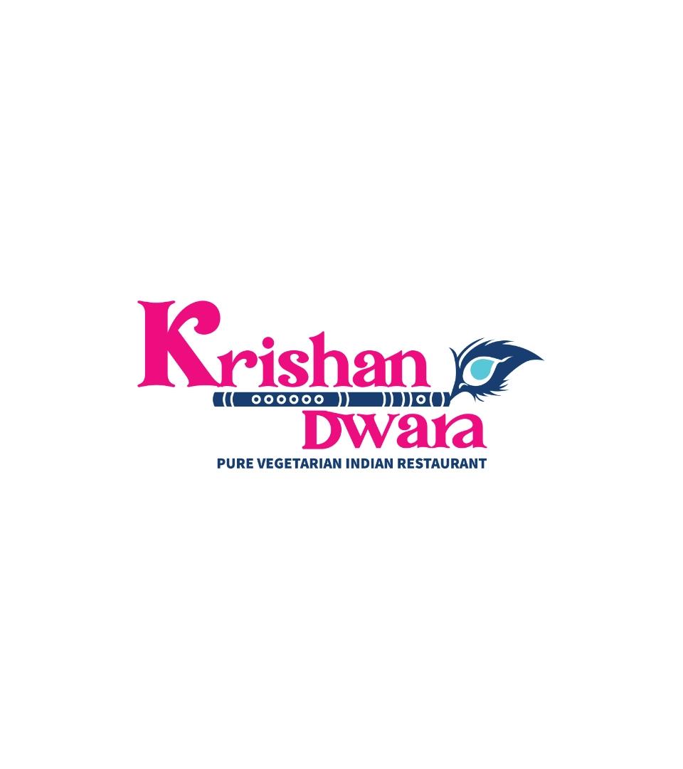 Krishan Dwara logo features a colorful design with "PURE VEGETARIAN INDIAN RESTAURANT" below the name.