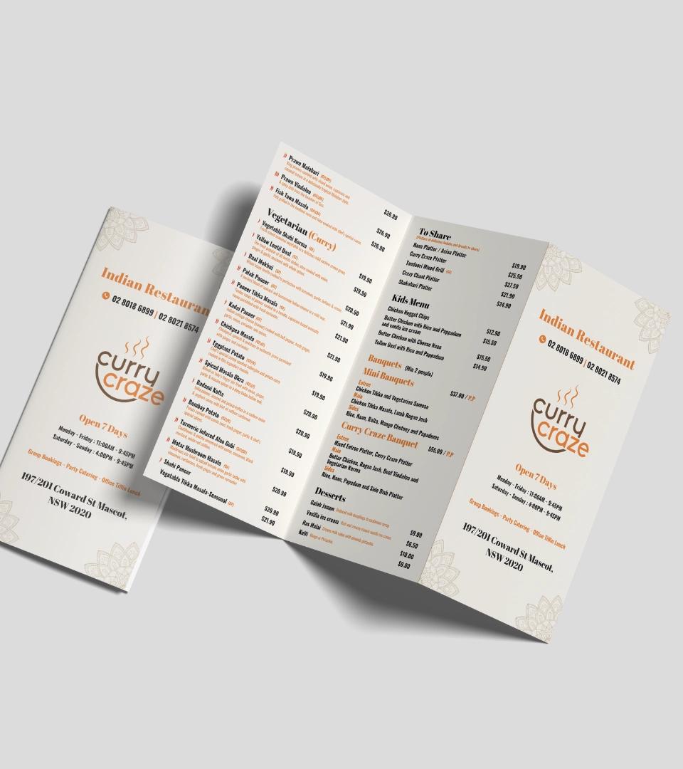Curry Craze menu brochure mockup