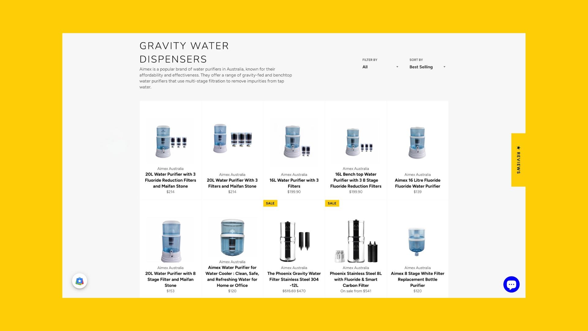 Gravity water dispensers display with product names, prices, and options for water purifiers by Aimex Australia.