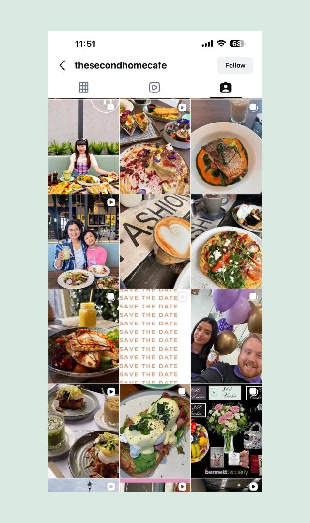 Phone screen displaying Thesecondhome Instagram grid with pizzas, salads, eggs benedict, coffee, people photos, and Save the Date graphics.