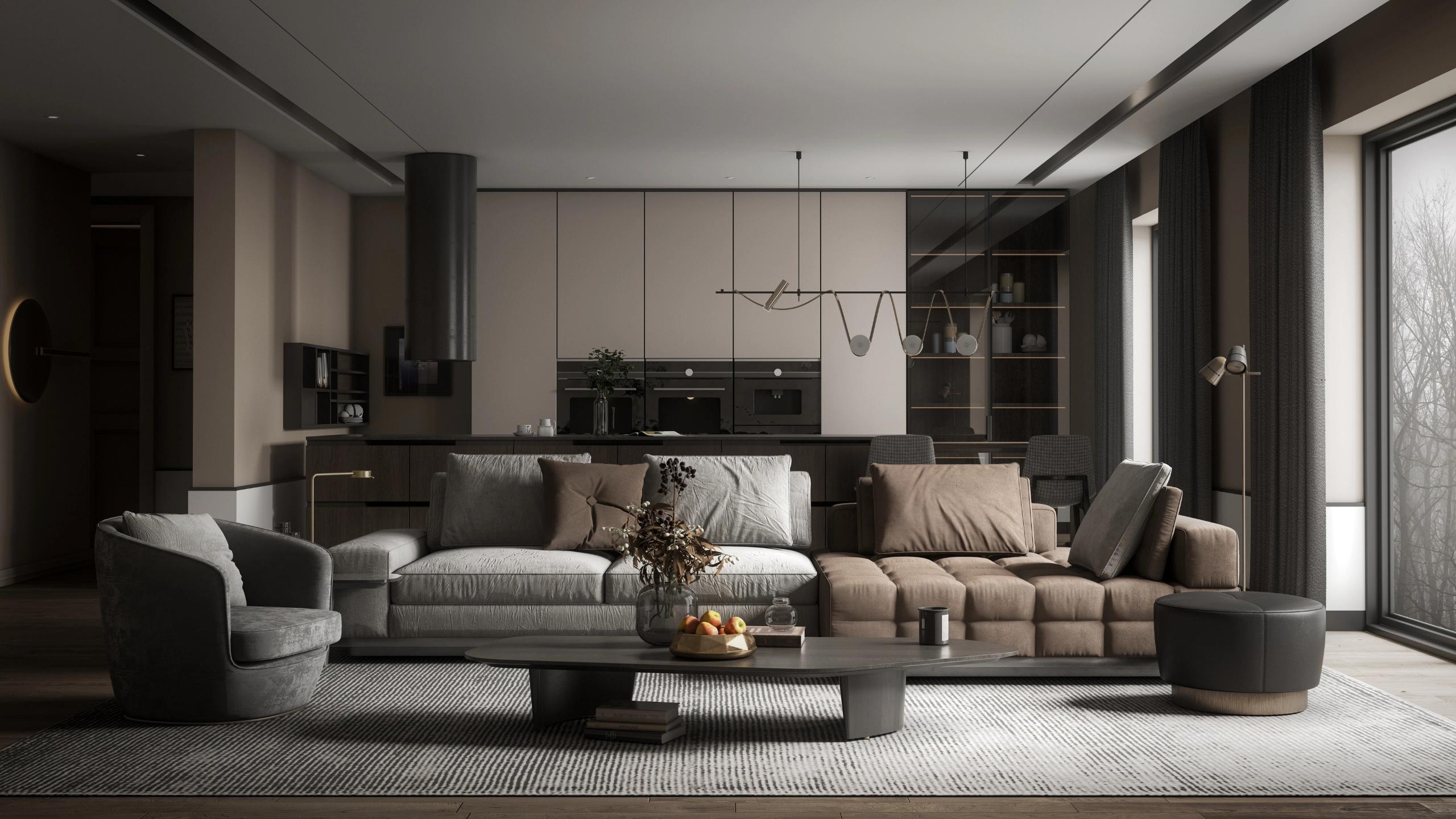 Modern neutral living room with a contemporary sofa, and an open kitchen in the background