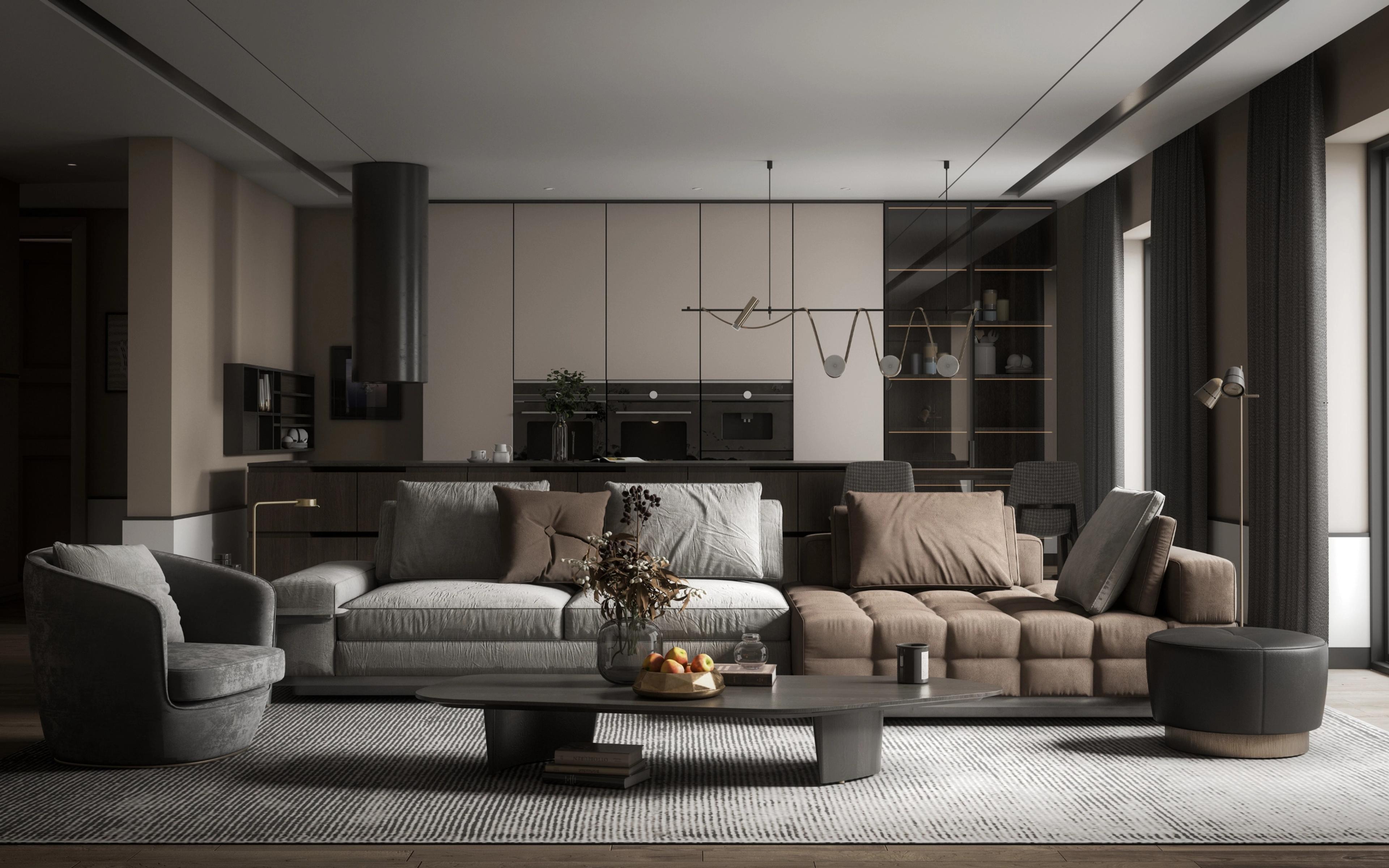 Modern neutral living room with a contemporary sofa, and an open kitchen in the background