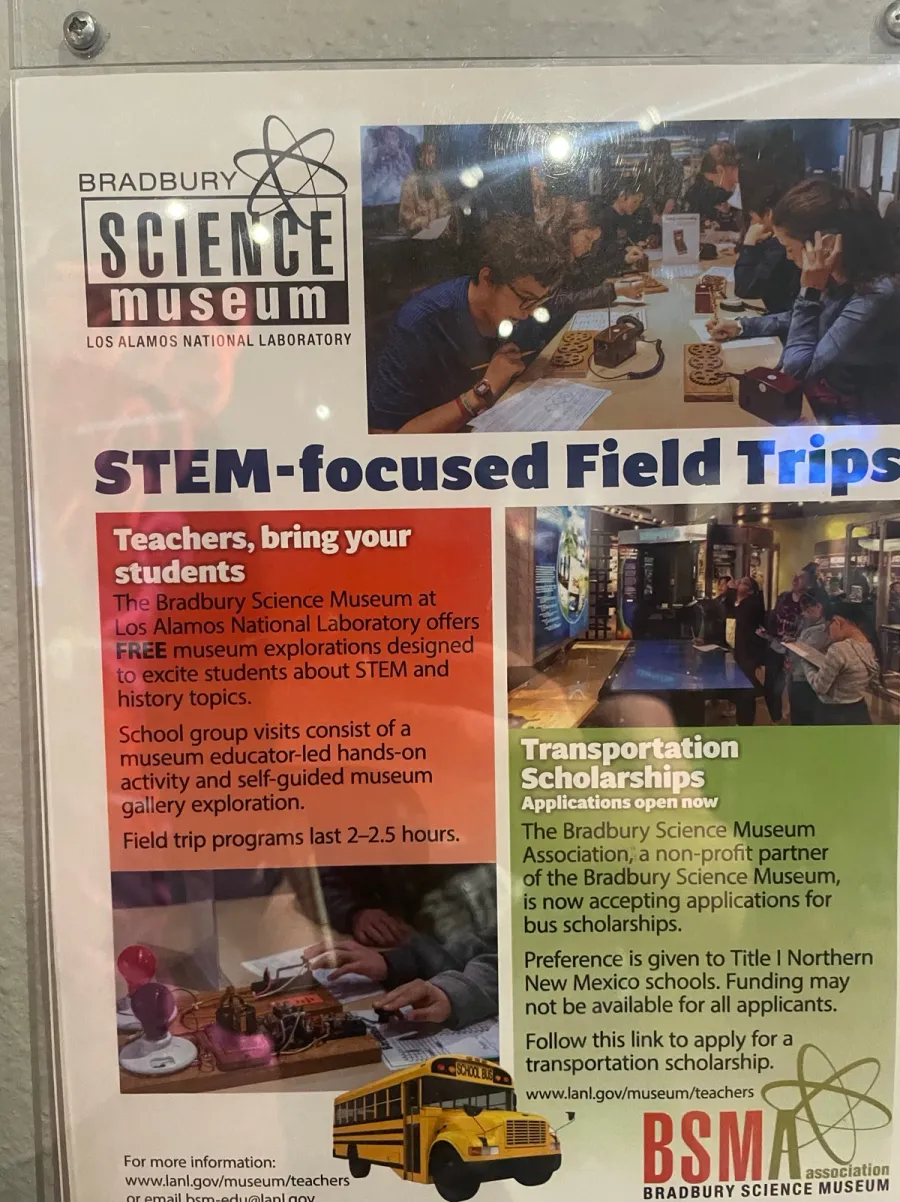 a colorful poster encouraging field trips to the Bradbury Science Museum at Los Alamos
