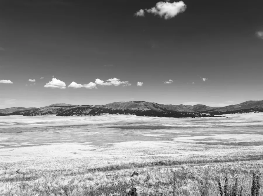 the landscape of valles caldera in black and white