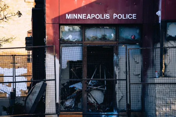 burnt facade of the Minneapolis Police Third Precinct