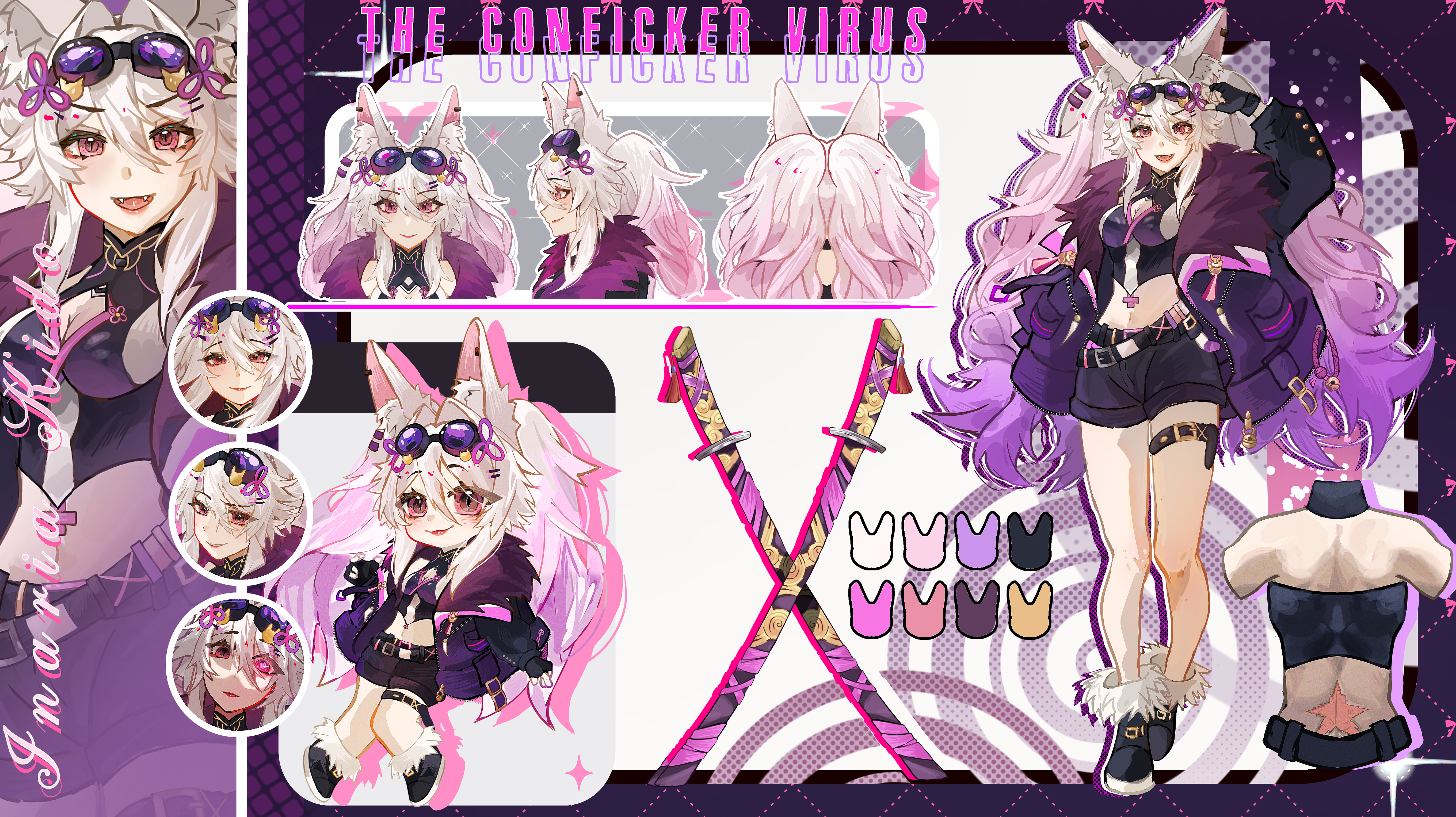 Character sheet of Inaria Kido, the Conficker virus, displaying her in full detail.  Art by @kaiyathesia