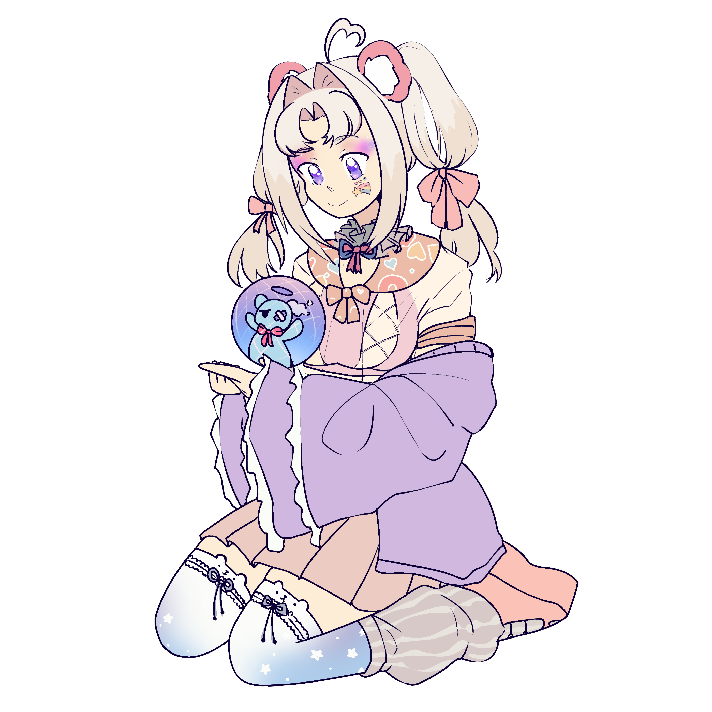 The character Lyia-Lyia kneeling down on both legs holding her angle cub's datasphere.  Art by @lilundere