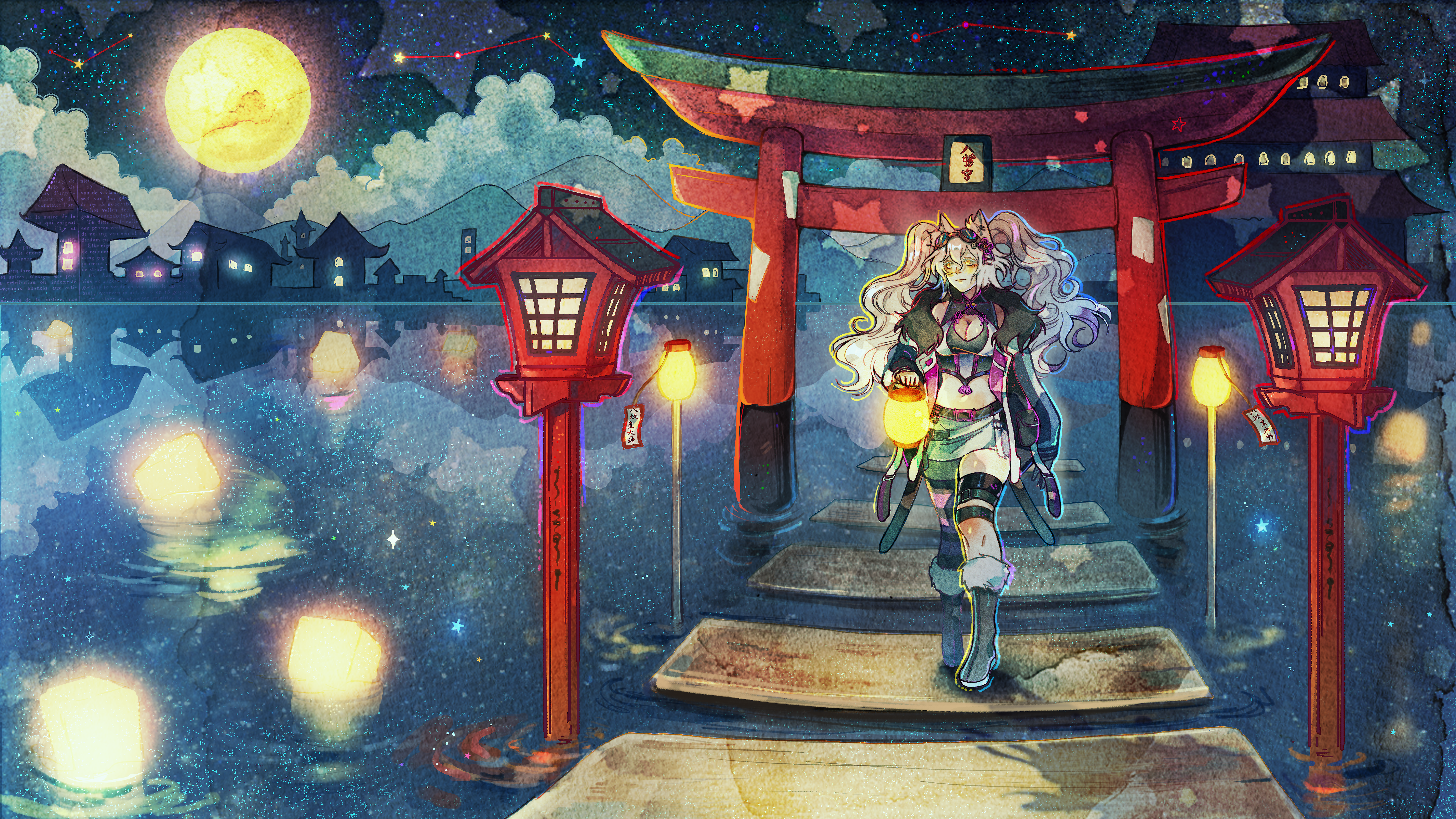 Inaria walking on a stone slab walk way over shallow water under a full moon and starry night sky among red lantern lamp posts and arcs and Japanese style buildings in the background.  Art by @maboroshiiro