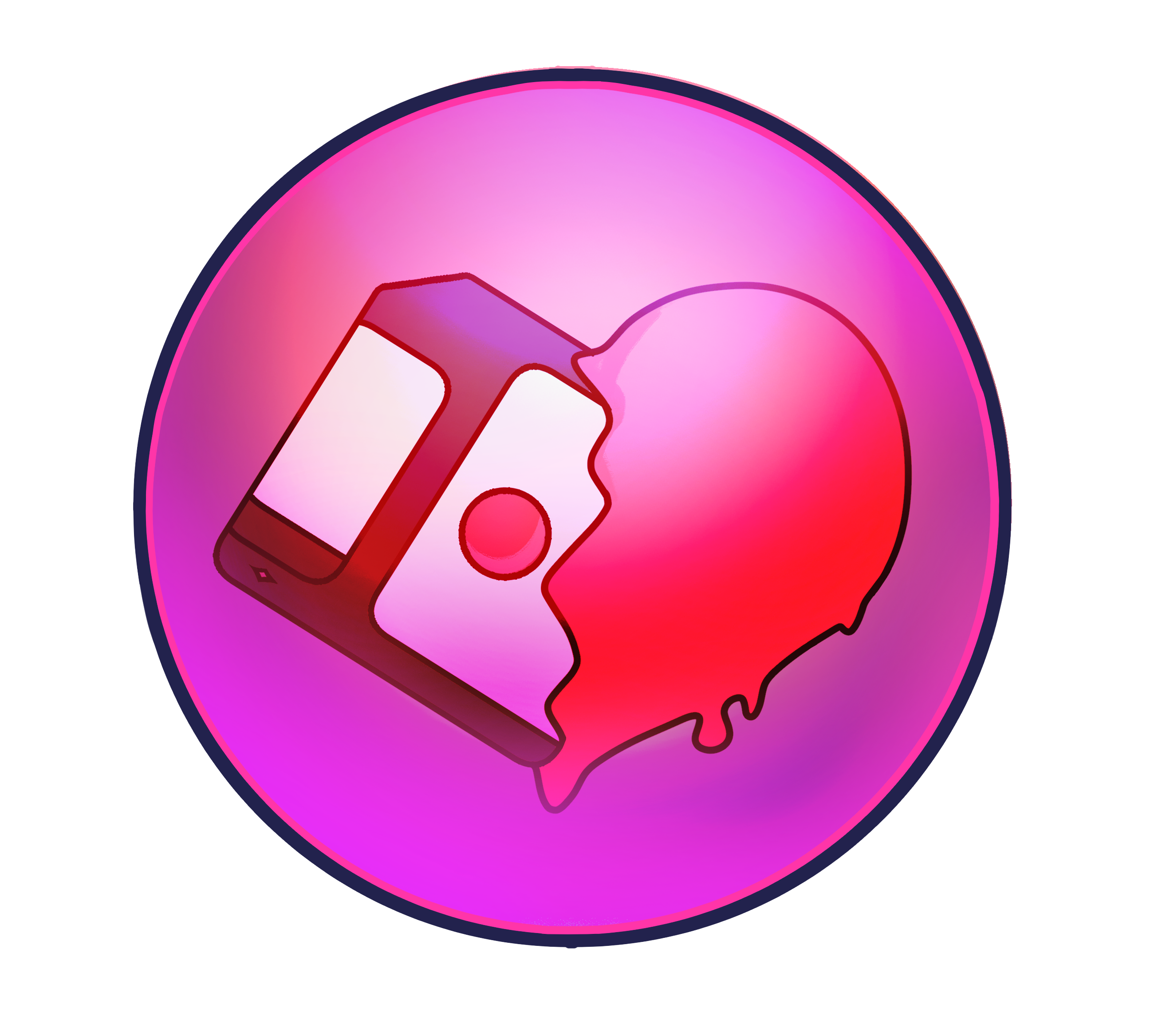 Datasphere of Lyia-Lyia depicting an pink orb with the image of a floppy disk and a heart half melting together.  Art by @Starkuss_Art