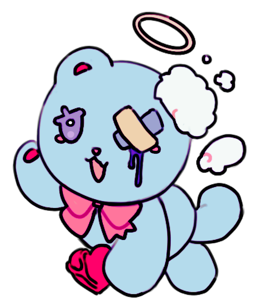 Lyia-Lyia's mascot of a heavily used light blue stuffed teddy bear with a missing ear, halo and small angel wings, pink bow, and a heart with a stress vein showing.  Art by @LEOTELIER
