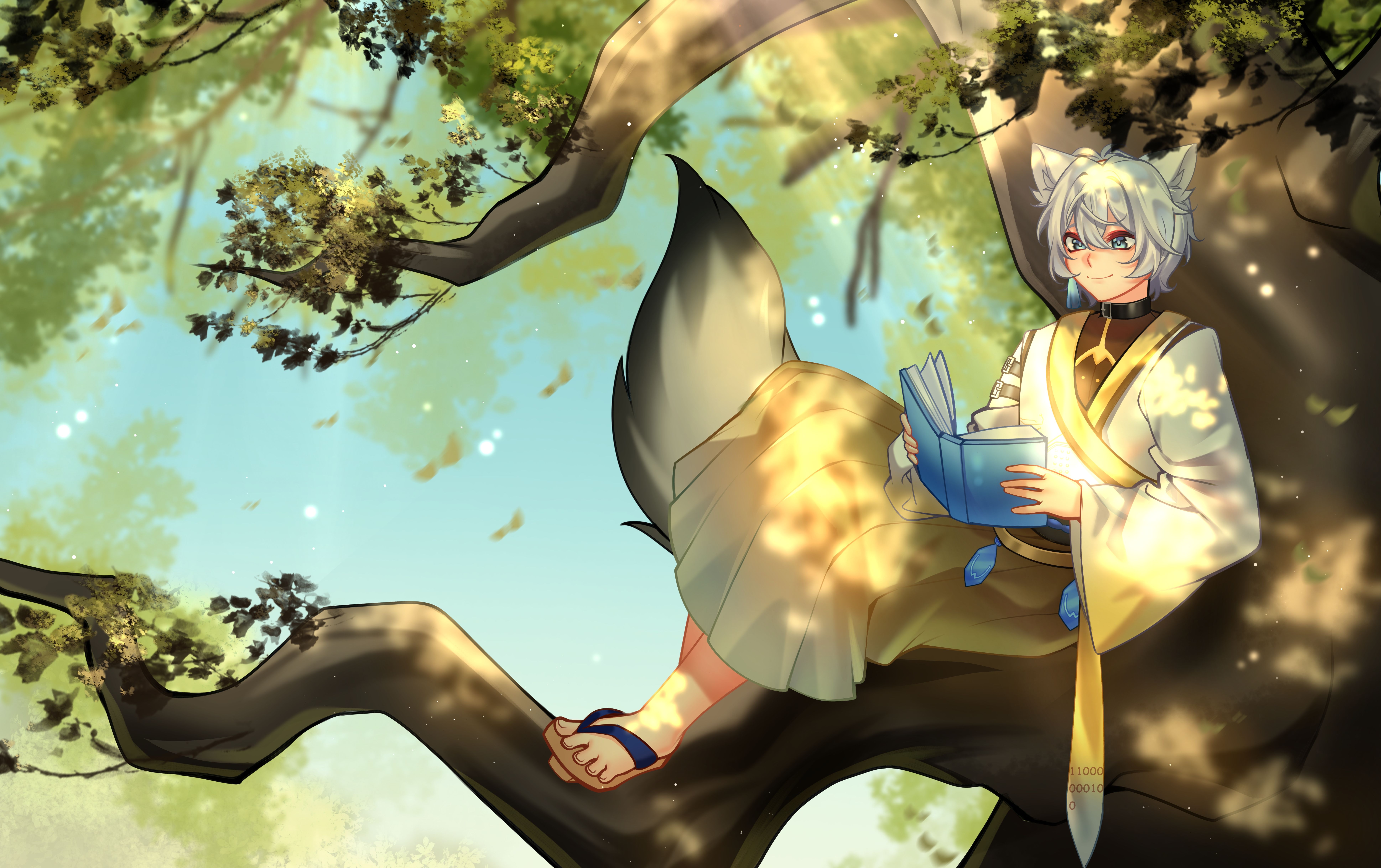 An illustration of Voice resting on a tree branch, reading his book in the day.  Art by @HarisunStudios