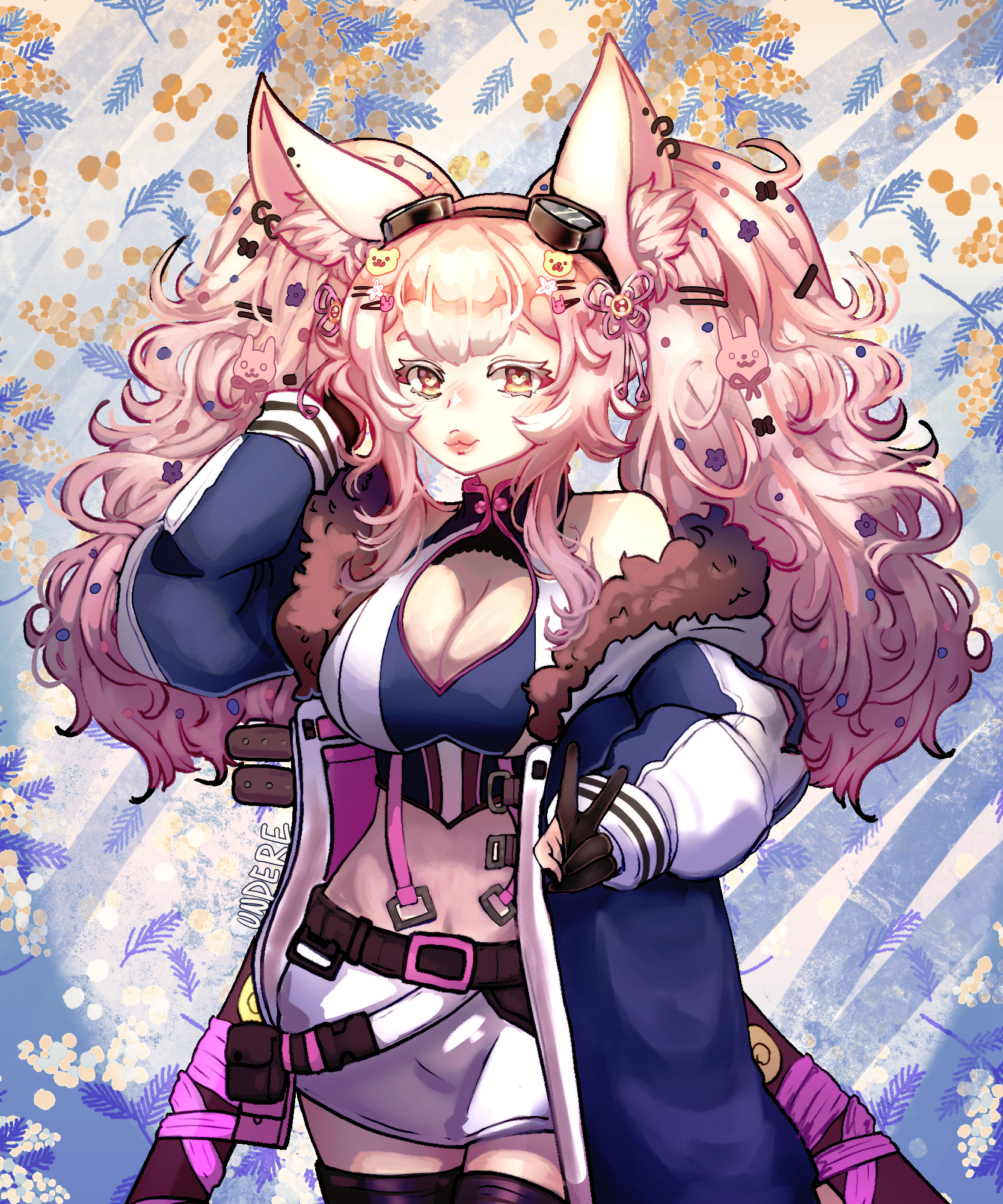A portrait of the kitsune character Inaria, with lightish pink and purple hair, an open blue and white jacket, white shorts, and leather belts, holding up the peace sign and one hand behind her head.  Art by @lilundere