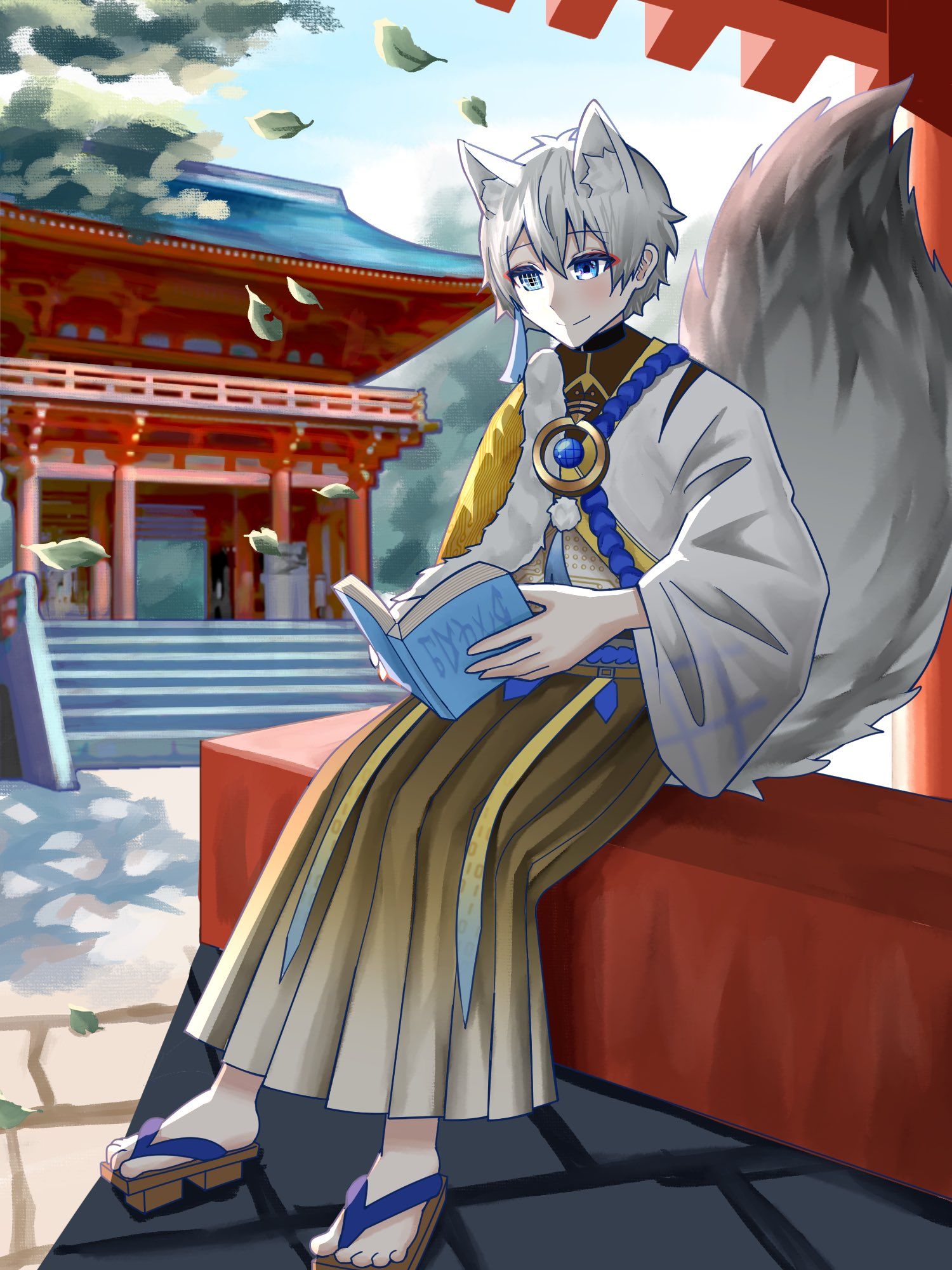 An illustration of Voice at a shrine, sitting on the edge of a platform while reading his book.  Art @dogetter_