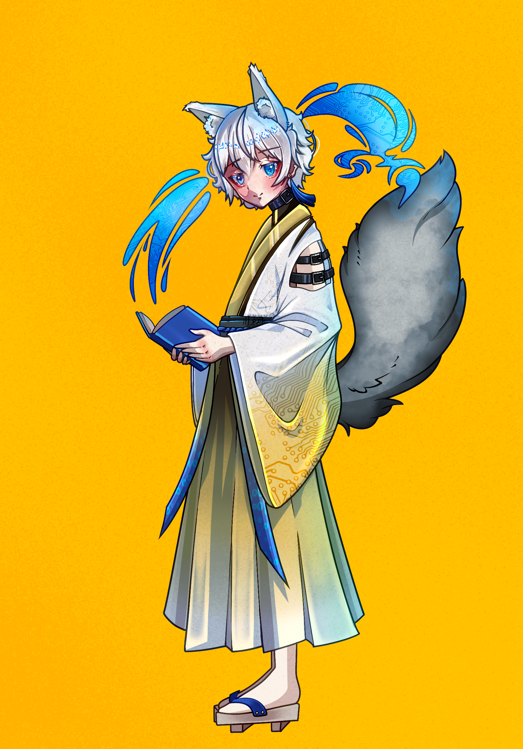 Splash art of the kitsune character Voice, opening his book and having power fly out of it.  Art by @mikumonaa