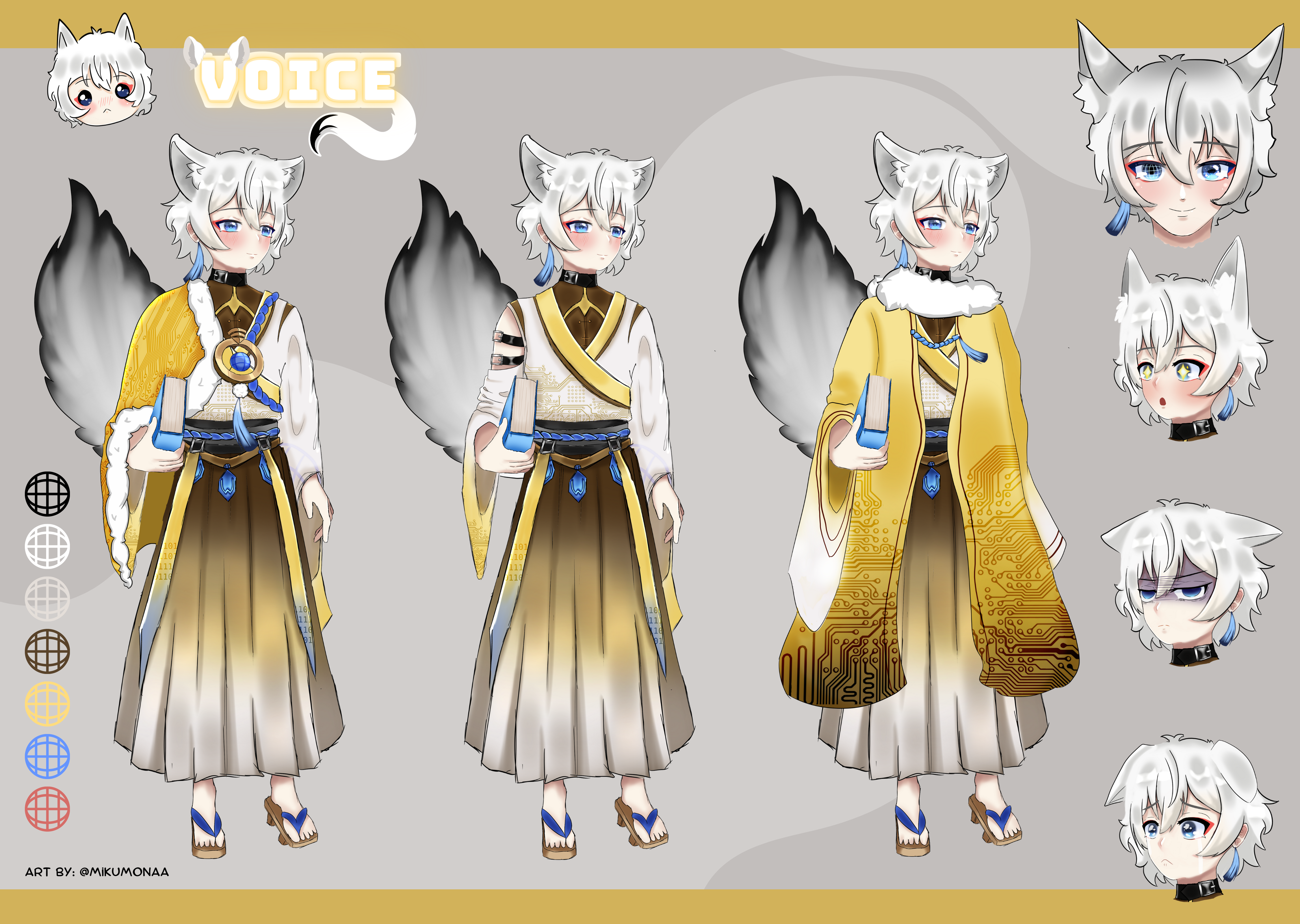 A character sheet of Voice's design in his shoulder cape, full jacket, and no jacket.  Art by @mikumonaa