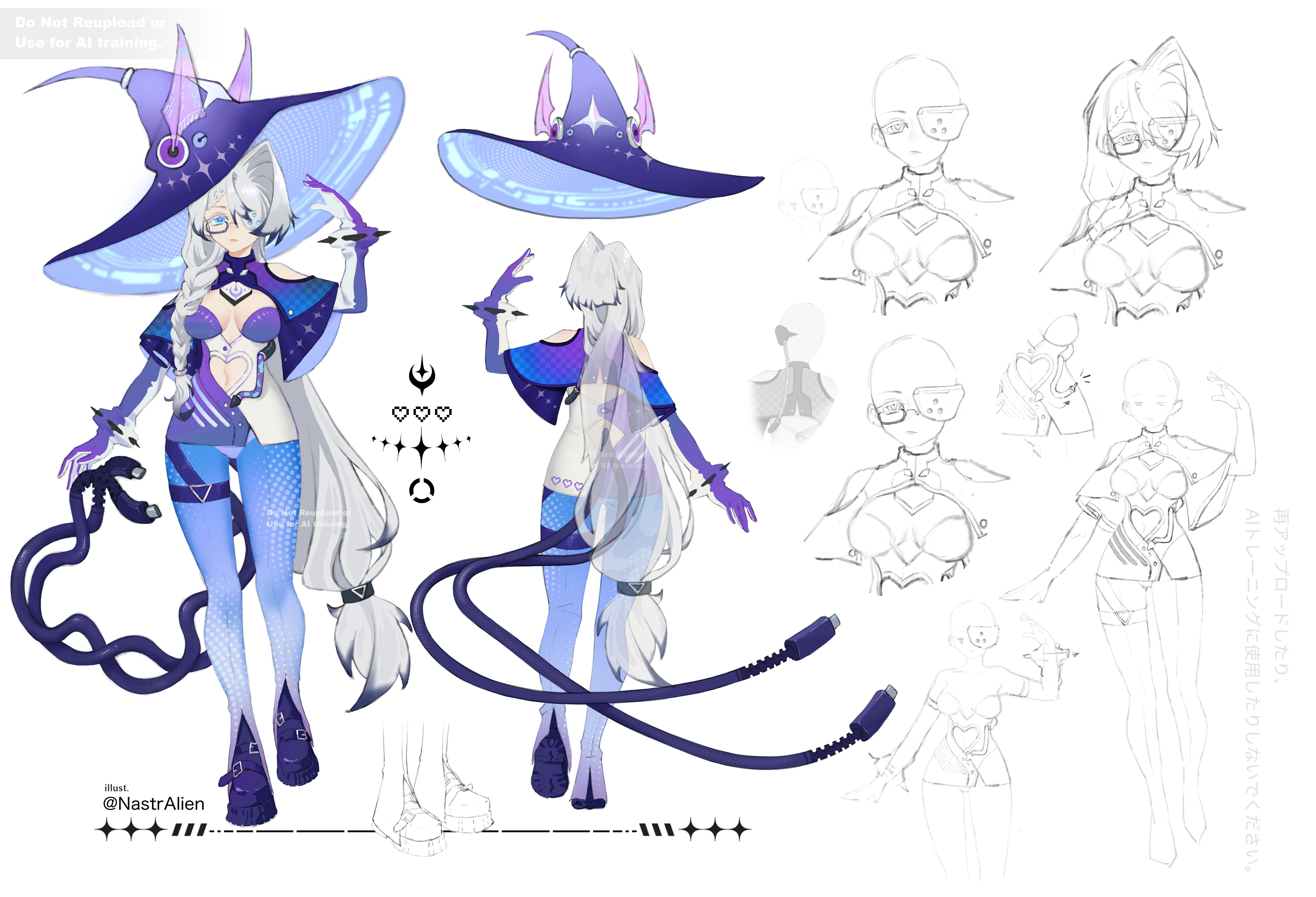 Character sheet depicting a detailed outline of Mechkou's design.  Art by @NastrAlien