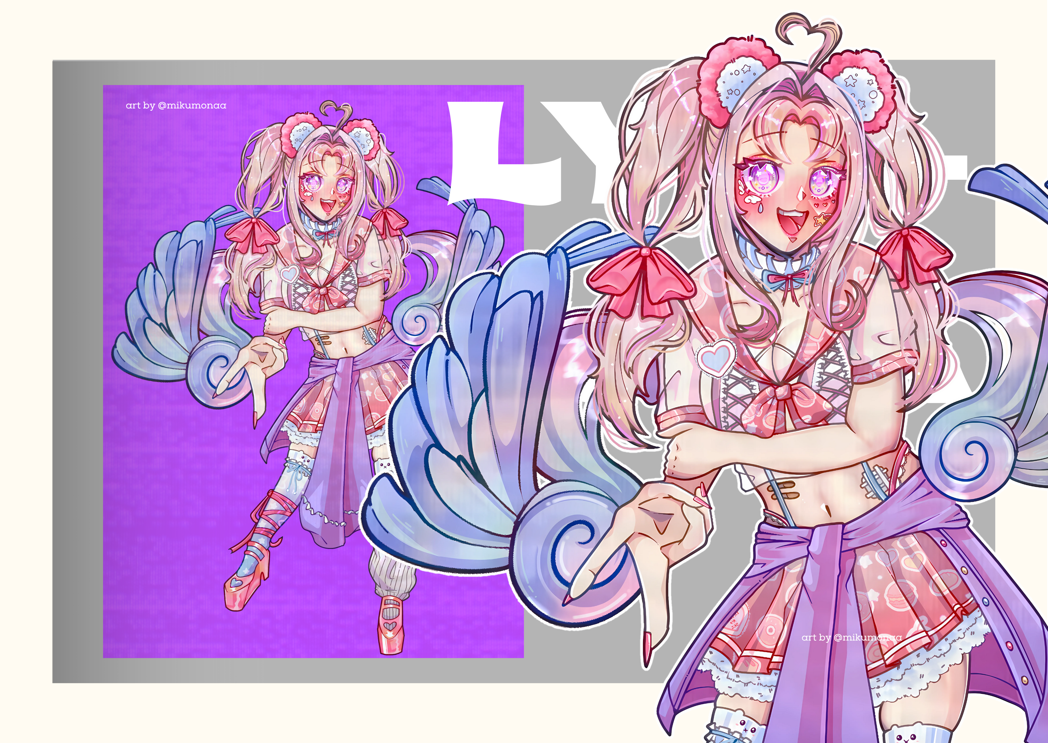 Image of the character Lyia-Lyia the Bear in a cute pose, one arm crossed and one arm sticking out with two fingers.  Art by @mikumonaa
