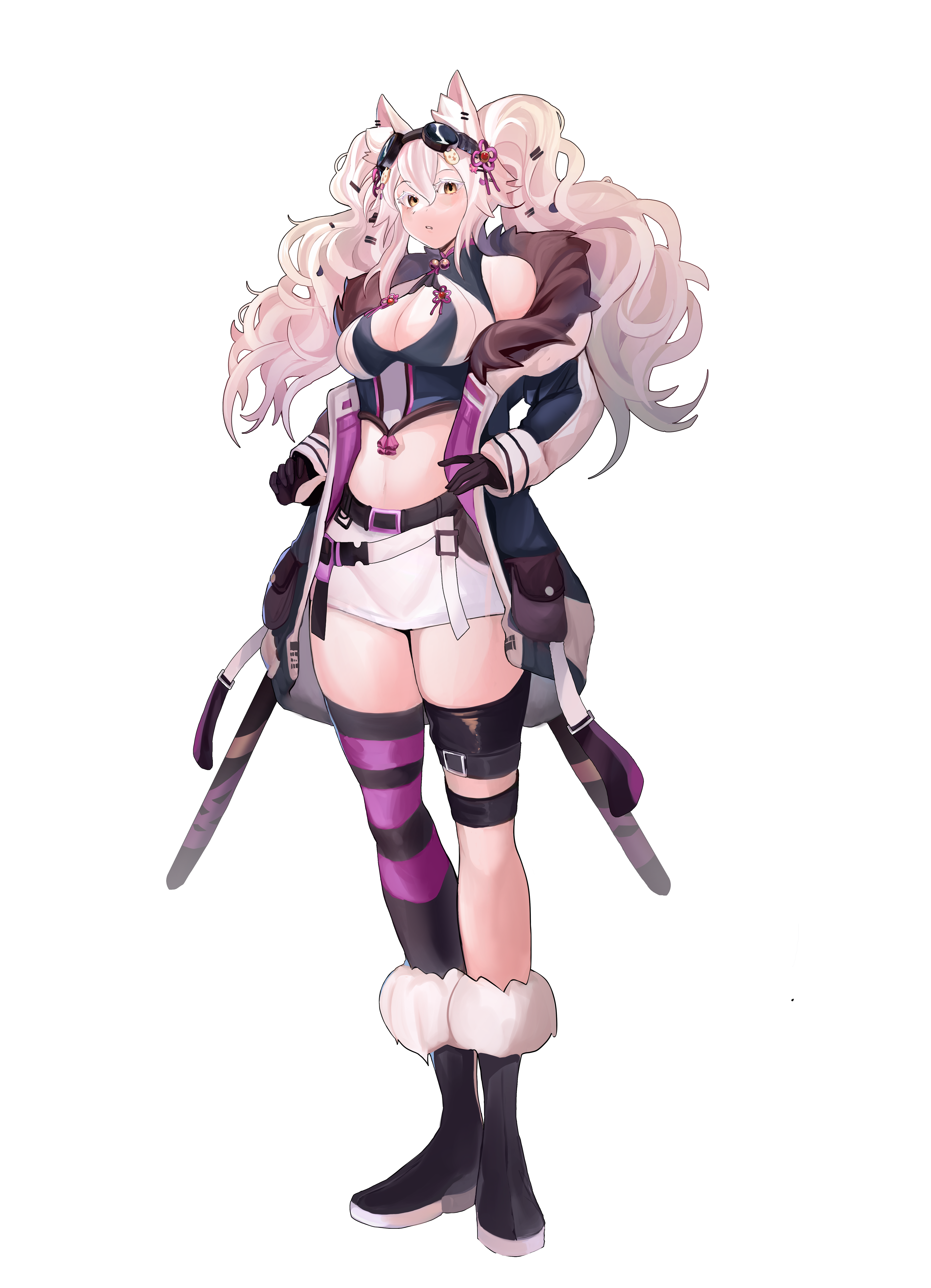 Image of a full body view of the kitsune character, Inaria Kido, with lightish pink and purple hair with sn open jacket, white shorts, white and blueish top, a purple and black striped stocking on the right leg and 3 black belt straps on her left leg and fur boots.  Art by @Starkuss_Art