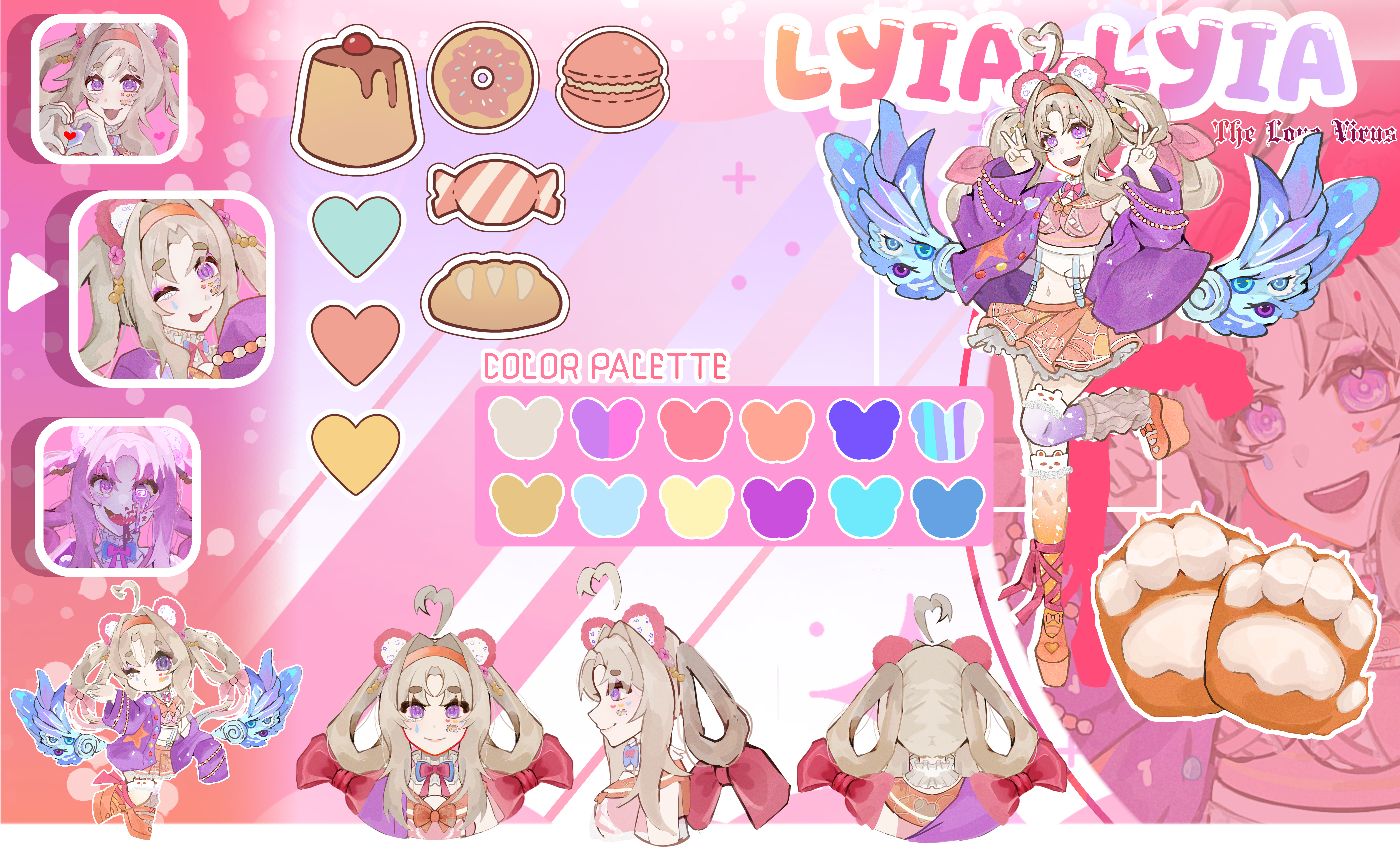 Character sheet of Lyia-Lyia, the ILOVEYOU virus, displaying her colors, expression, and examples for reference.  Art by @@kaiyathesia
