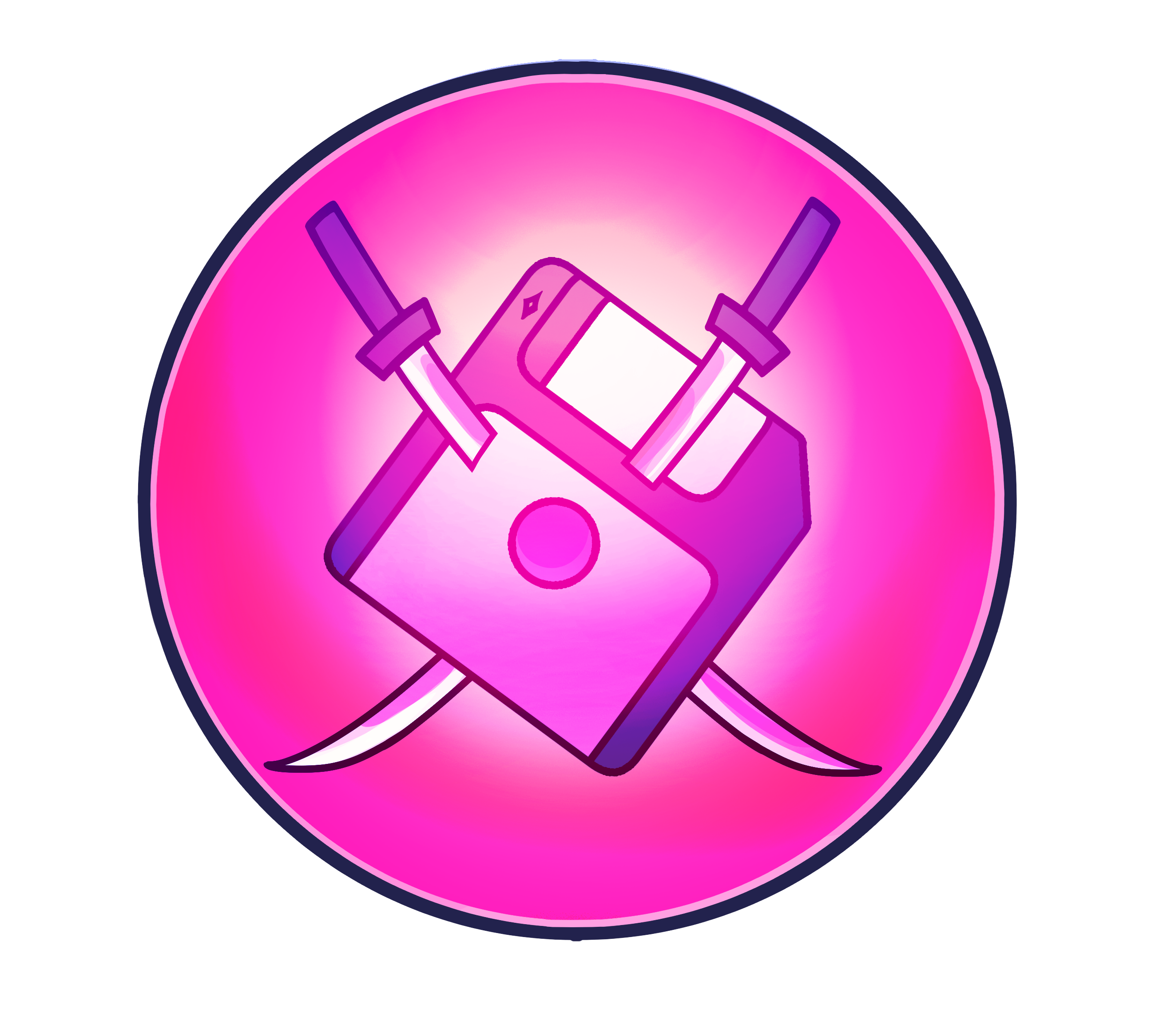The datasphere of Inaria Kido showing an orb with the image of a floppy disk being pierced by two katanas.  Art by @Starkuss_Art