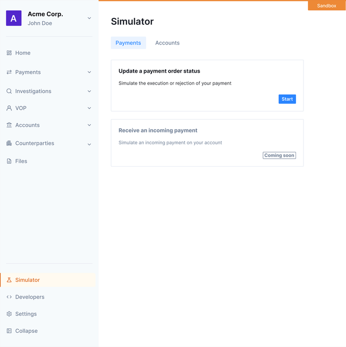 Bank simulator in the dashboard