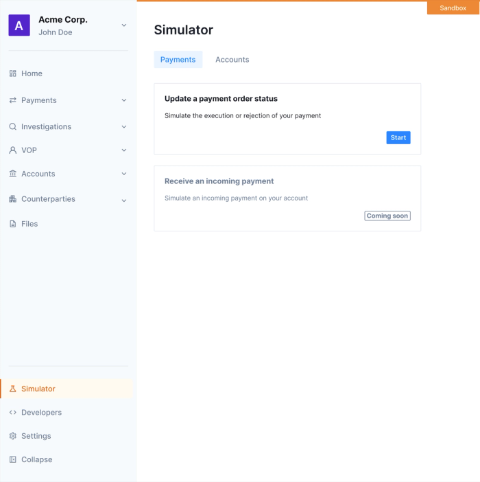 Bank simulator in the dashboard