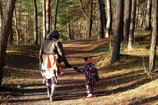 walking in forest mom holding hands with child