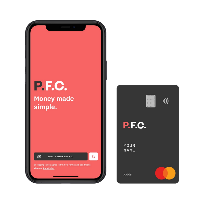 P.F.C mobile log in screen and debit card.