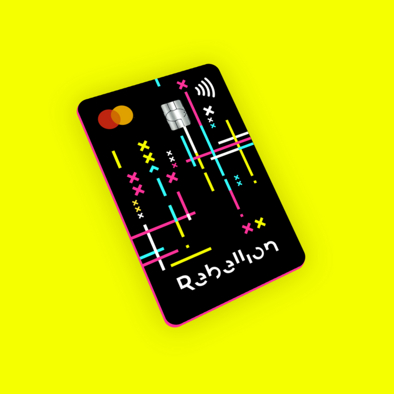 Rebellion banking card on bright yellow background