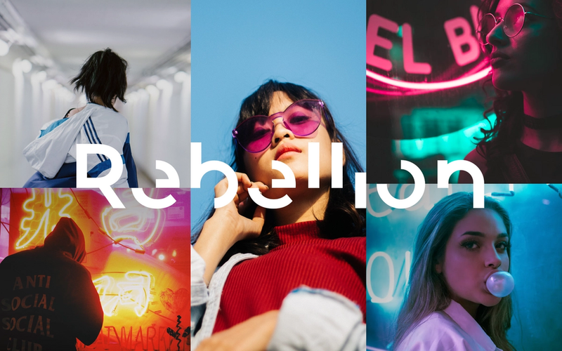 Grid of images showing young cool people with Rebellion logo over the top.