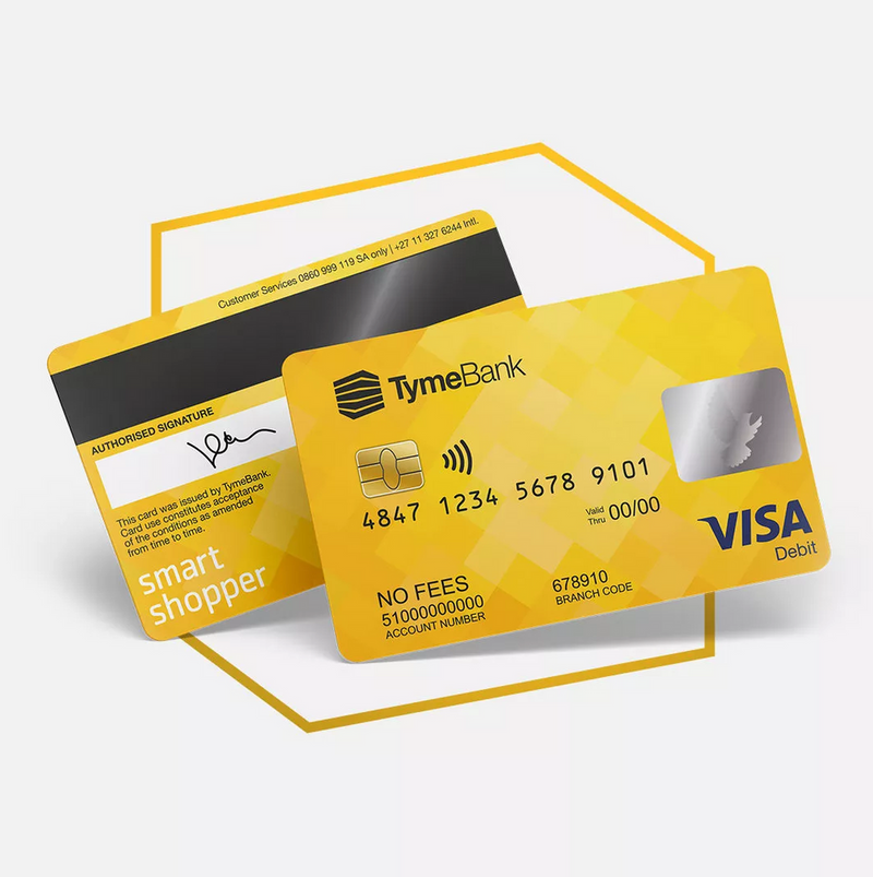 Front and back of TymeBank Visa debit card