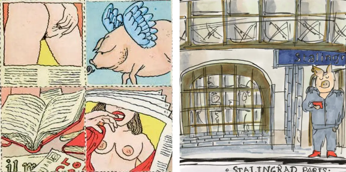 On the left, Pablo Echaurren for the cover of "Porci con le ali". On the right, one of Beatrice's greeting cards.