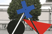 Moving swing made from black circle, red triangle and blue cross, based off the Russian constructivism movement