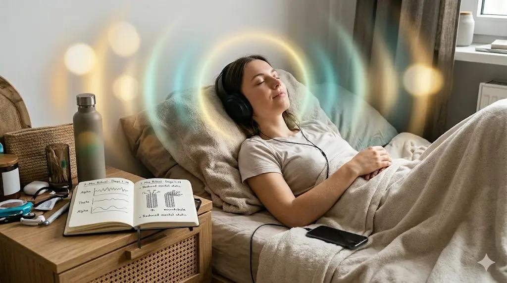 A futuristic illustration of a person wearing headphones with soft wave patterns radiating outward, blending scientific diagrams with calm, meditative visuals.