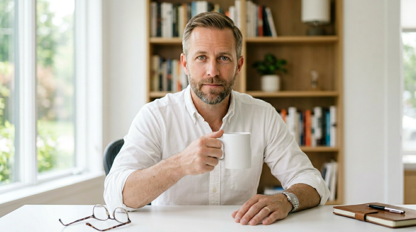 Professional headshot of a man in his early 40s, light brown hair, slightly trimmed beard, wearing a white dress shirt open at the collar. Warm but authoritative expression. Neutral studio background, soft lighting.