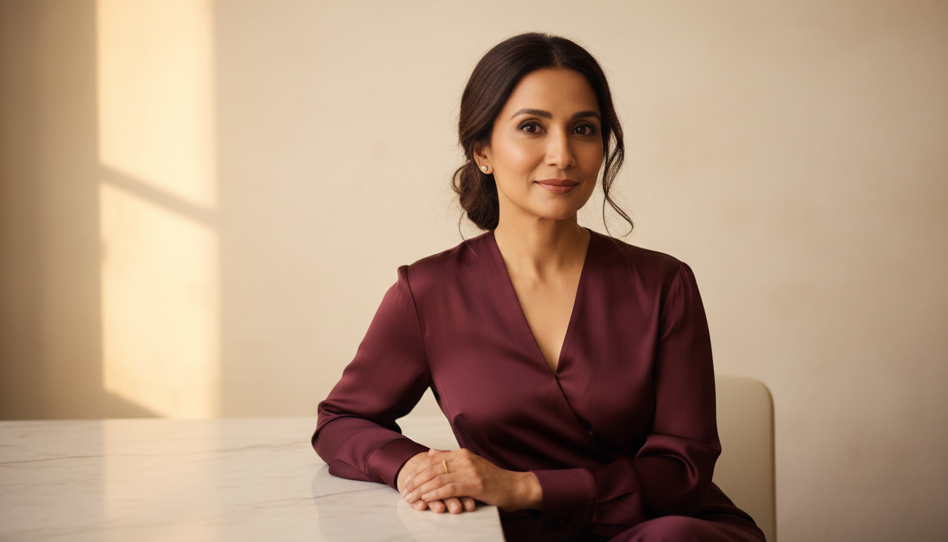 Woman in her early 40s, long dark hair worn loose or in a soft low bun, warm South Asian features, elegant minimal style — silk blouse, small gold earrings. Confident and warm expression. Soft editorial lighting.