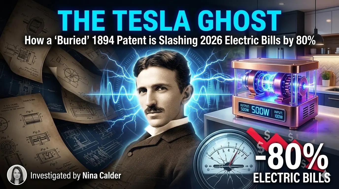 Nina Calder holding a digital schematic of a Tesla-based power multiplier, contrasting it with a traditional utility meter.
