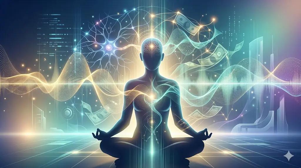 A futuristic digital visualization of a human silhouette surrounded by glowing neural networks and soft golden waves, symbolizing the intersection of sound technology and inner alignment.
