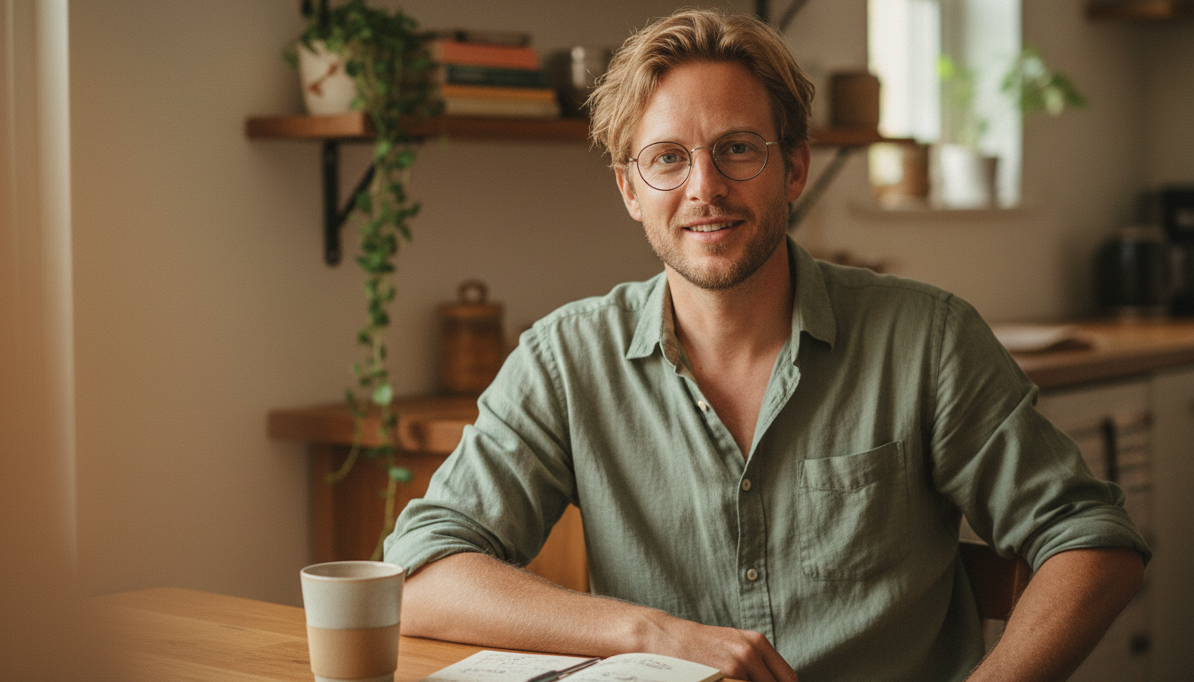 Man in his early 30s, sandy blond hair slightly tousled, wire-frame glasses, light skin, wearing a casual earth-tone button-up. Relaxed, curious expression. Background suggests a home office or coffee shop — warm, lived-in feel.