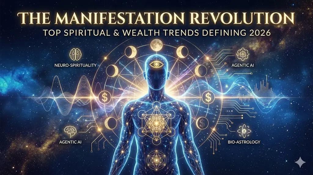 A futuristic digital visualization of a human silhouette surrounded by glowing neural networks, golden geometric shapes, and lunar phases, symbolizing the intersection of technology and spiritual wealth.