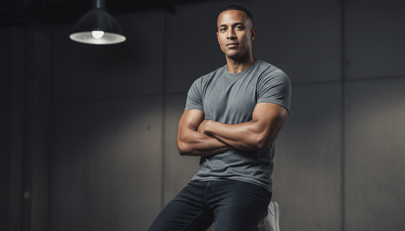 Man in his late 30s, short dark hair, strong jawline, medium-dark skin tone. Wearing a fitted grey t-shirt. Direct, confident gaze. Clean background with subtle industrial or gym aesthetic.