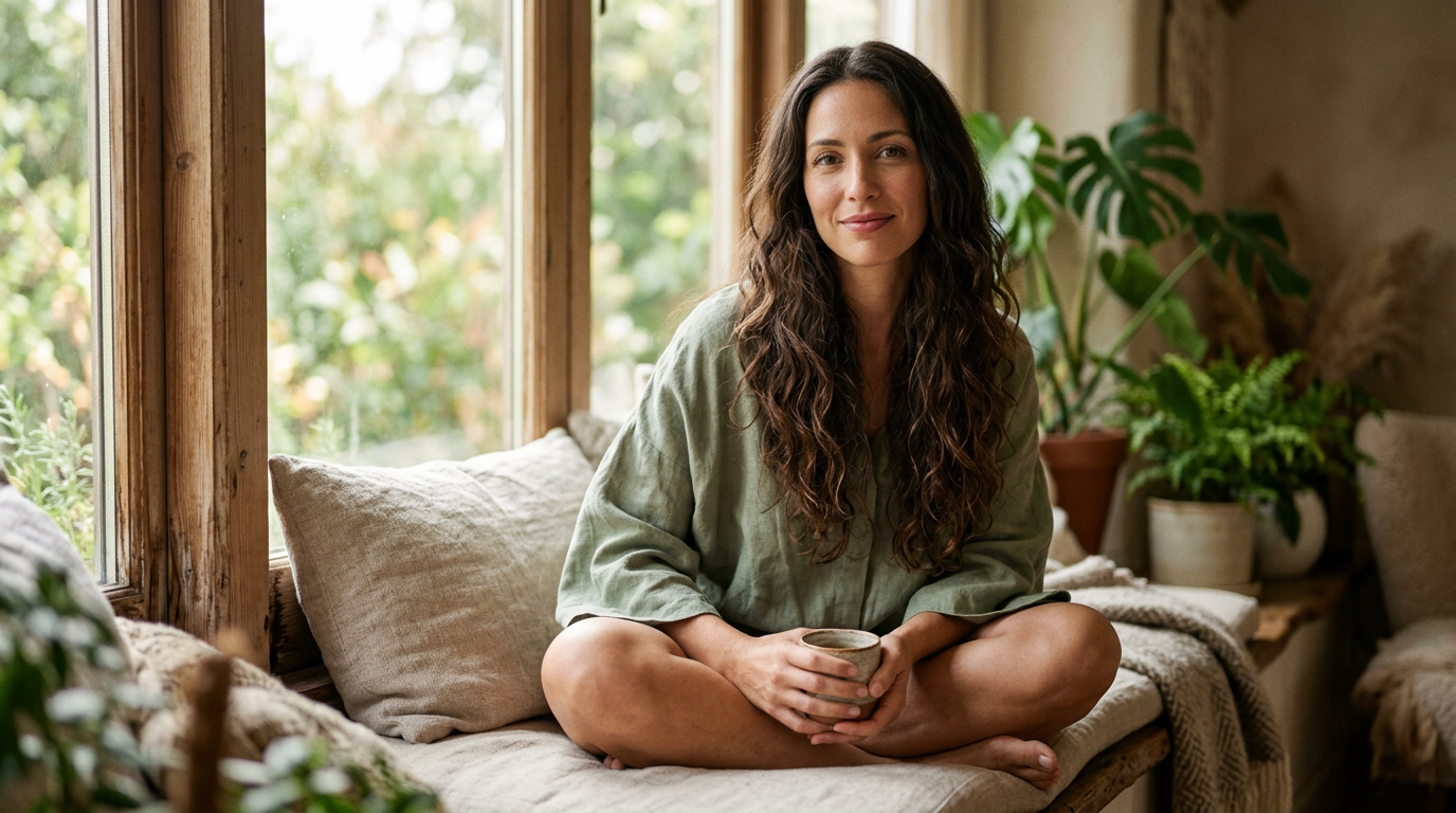 Woman in her mid-30s with long dark wavy hair, warm olive skin, minimal makeup. Wearing a soft sage-green top. Gentle, thoughtful expression. Natural light background — soft bokeh of indoor plants or window light.