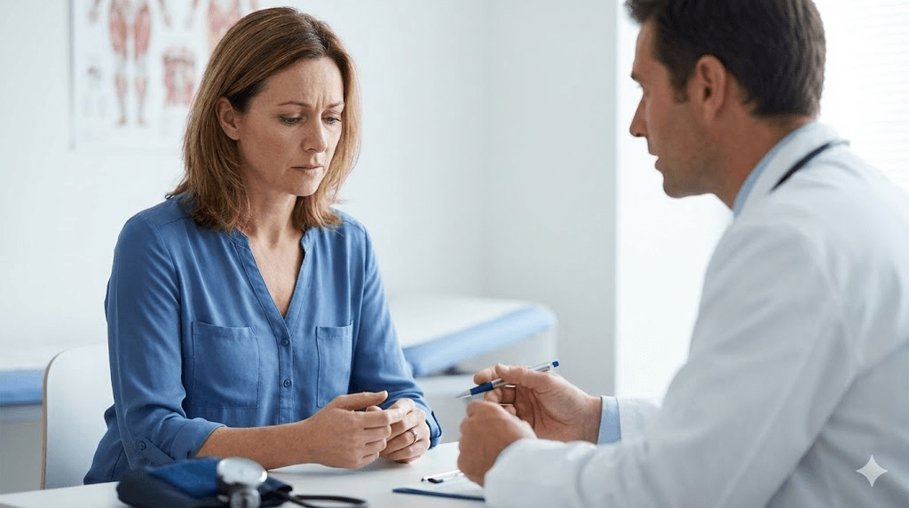 A close-up of a woman looking frustrated and tired in a doctor's office, holding a pamphlet, while a physician in the background looks at a computer screen.