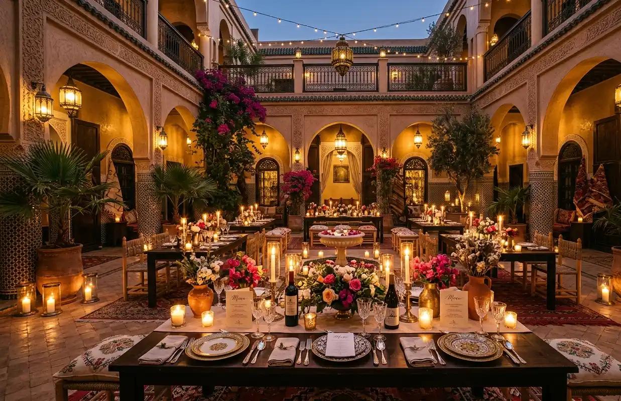 An intimate small wedding reception set in a Moroccan riad courtyard with candles and flowers