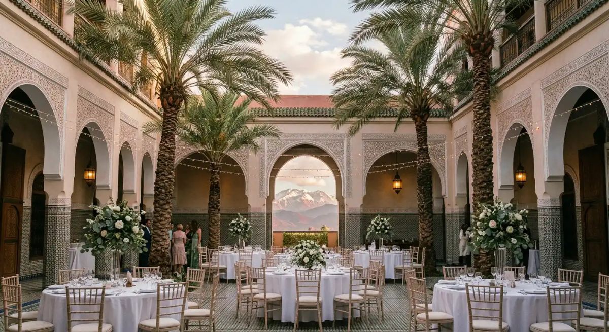 Elegant Marrakech wedding venue courtyard with palm trees and Atlas Mountain views