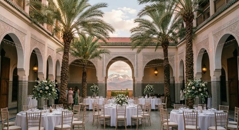 Elegant Marrakech wedding venue courtyard with palm trees and Atlas Mountain views