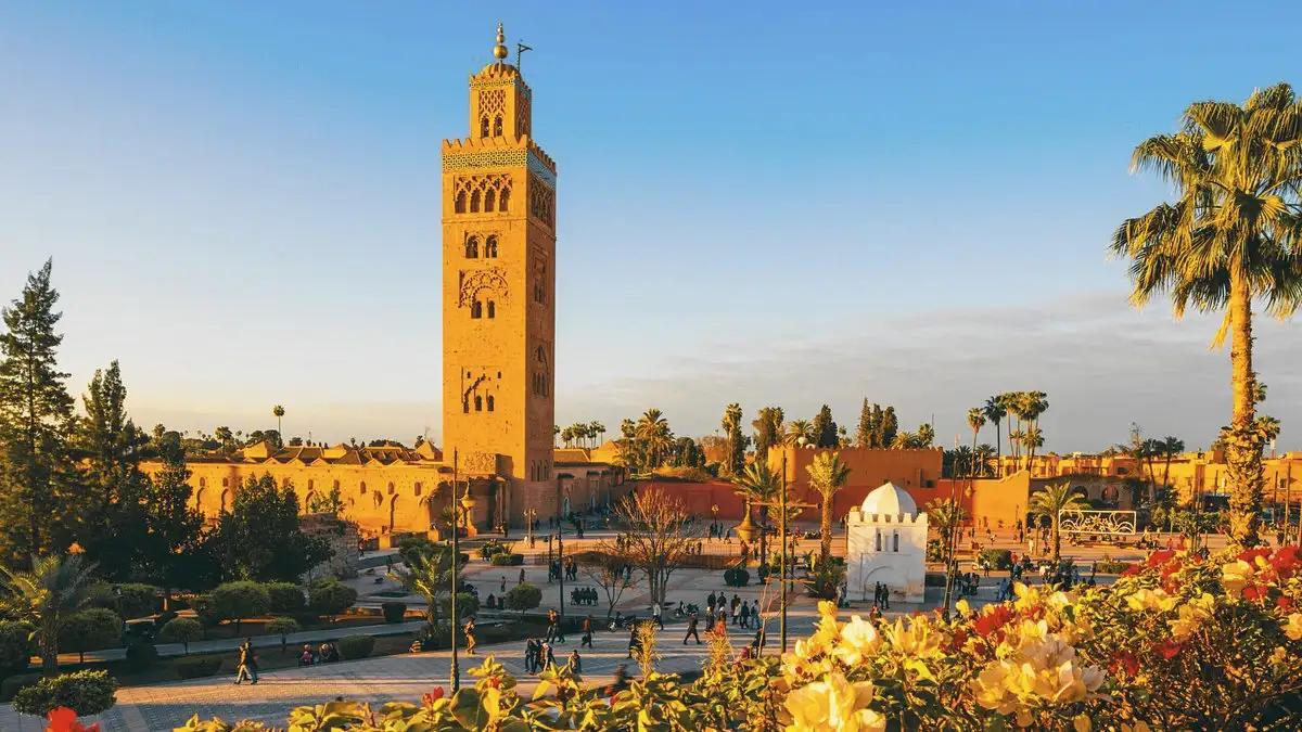 Aerial view of Marrakech city with the Atlas Mountains in the background