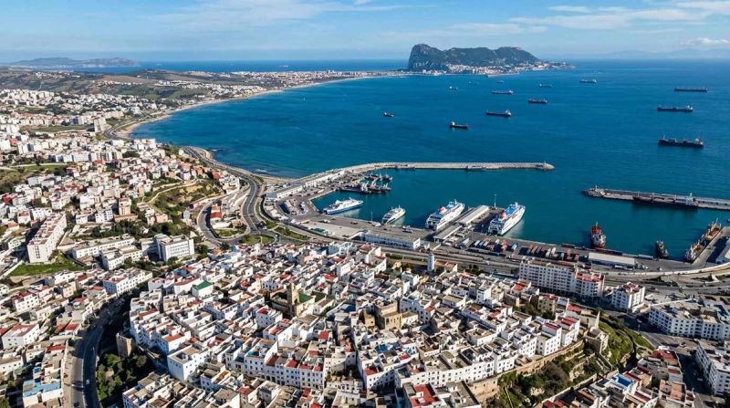 Aerial view of Tangier with the Strait of Gibraltar in the background