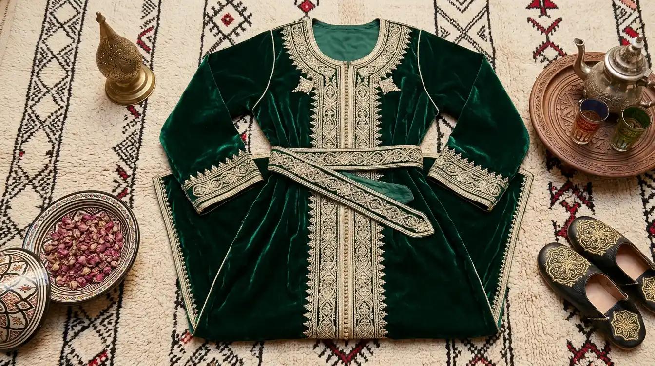 A Moroccan kaftan in jewel tones at a traditional wedding ceremony